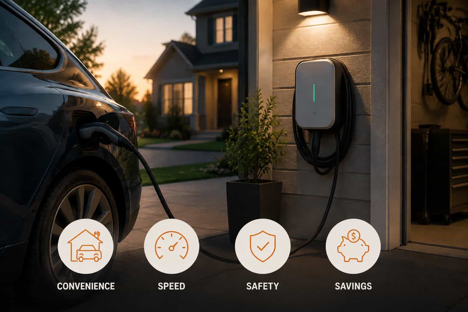Modern electric vehicle charging station installed outdoors on a house wall.