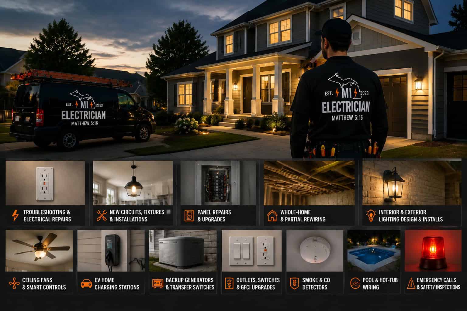 Electrician in uniform installing or repairing electrical wiring outside a modern house.