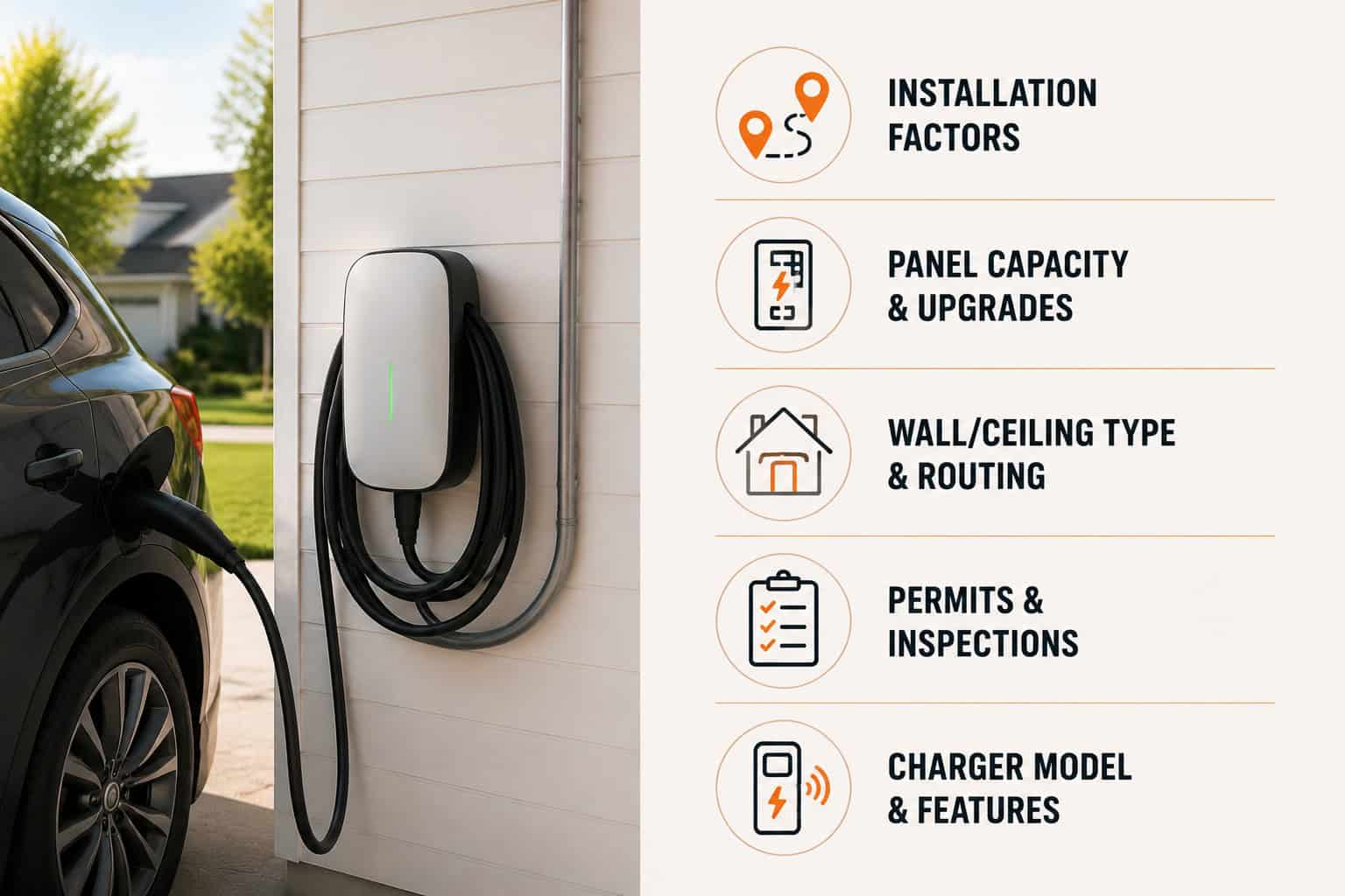 Electric vehicle charging station mounted on exterior wall for home or business use.