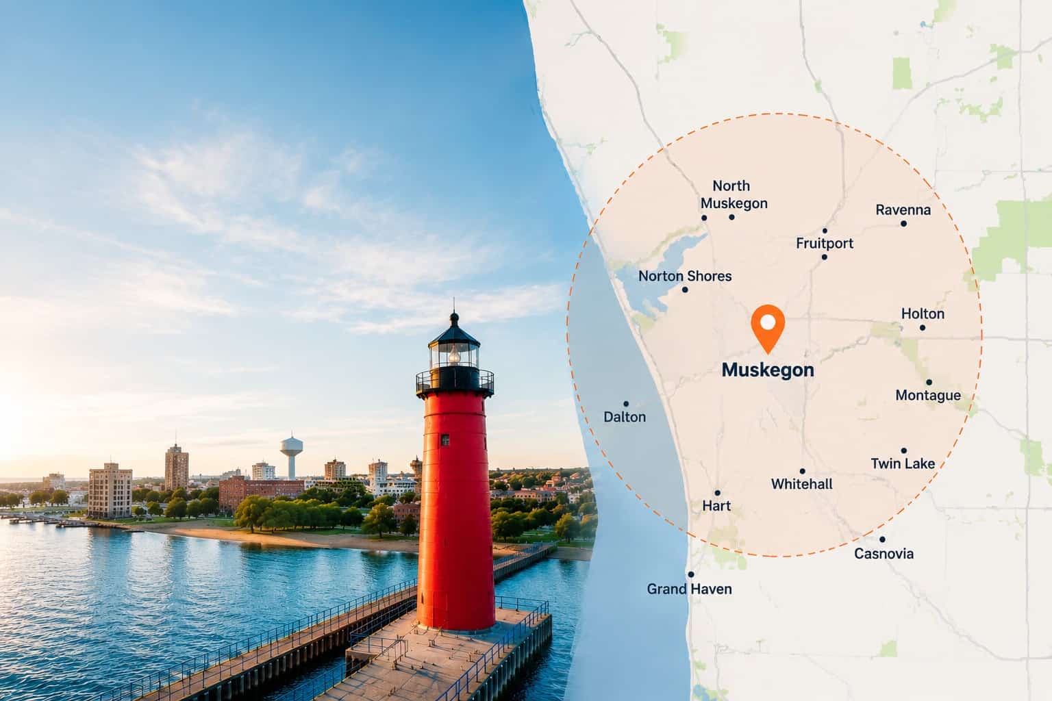 Muskegon lighthouse with city skyline and map highlighting Muskegon, Michigan.