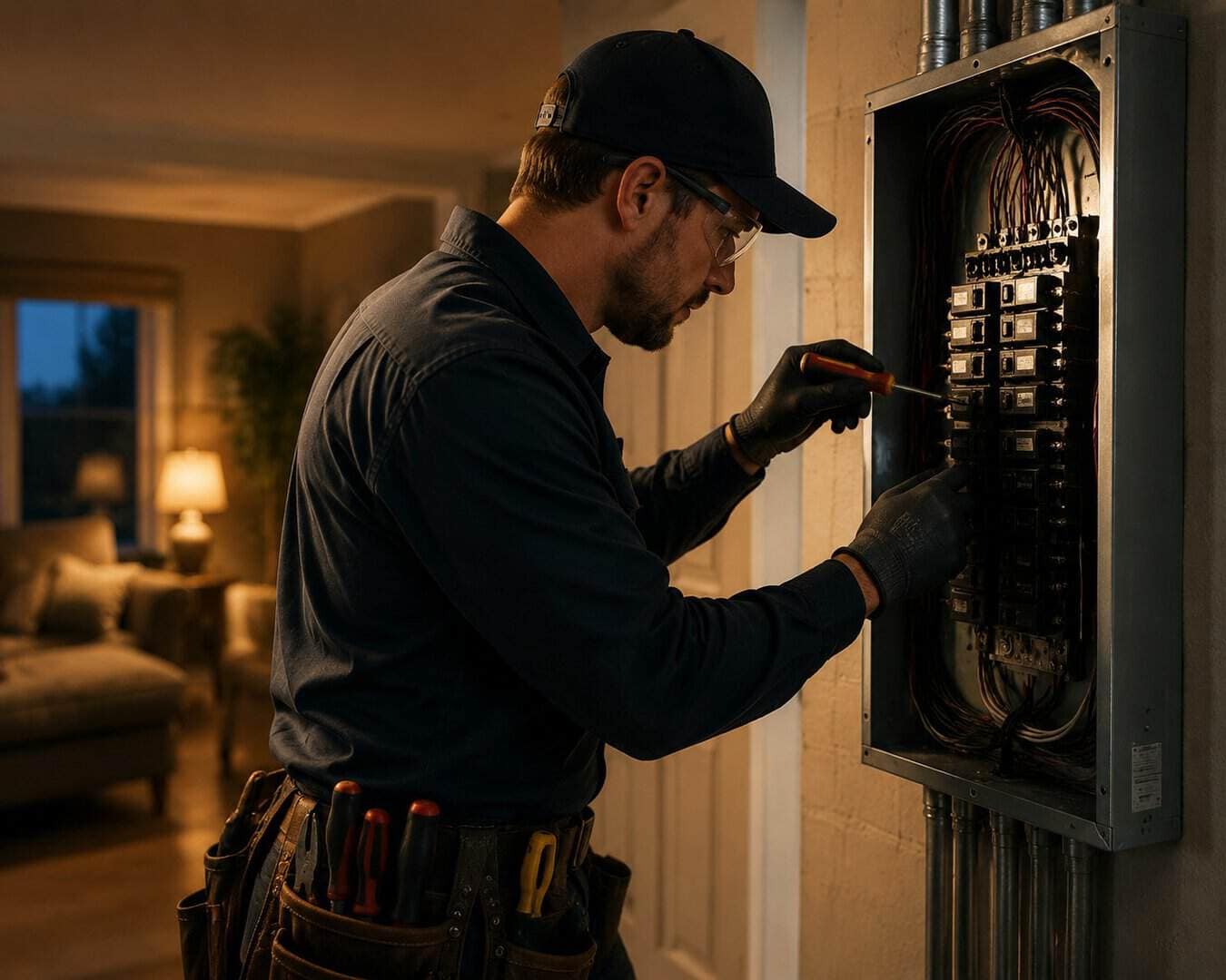 Electrical technician troubleshooting electrical panel in residential setting.