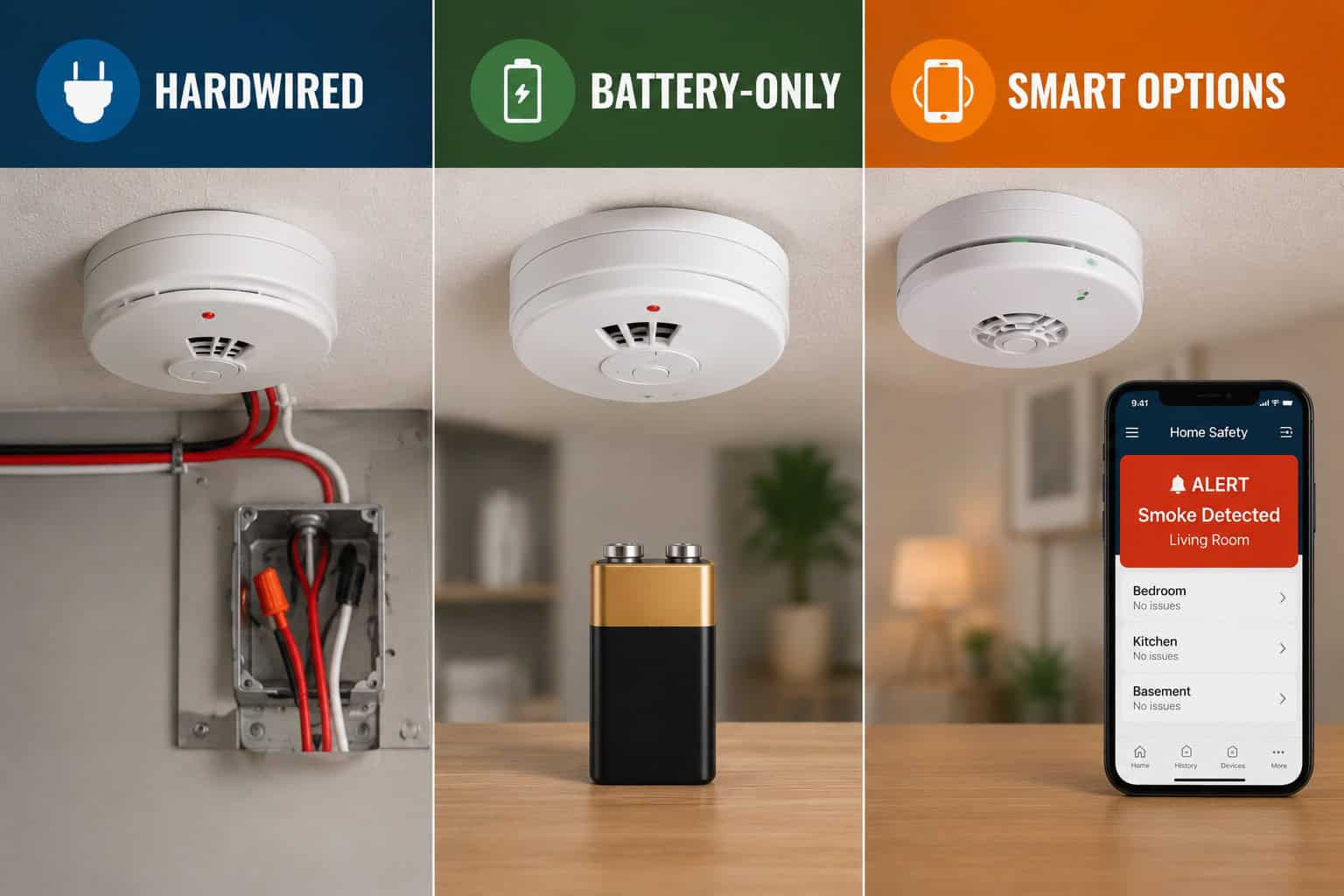 Smoke detector with smart home app alert system for home safety and fire prevention.