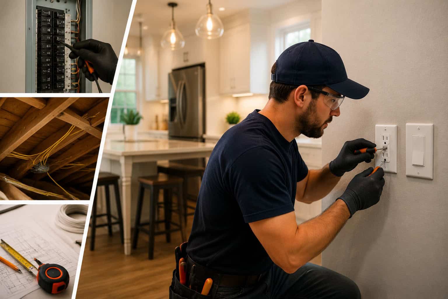 Electrical technician working on wall switches and outlets in a residential setting.