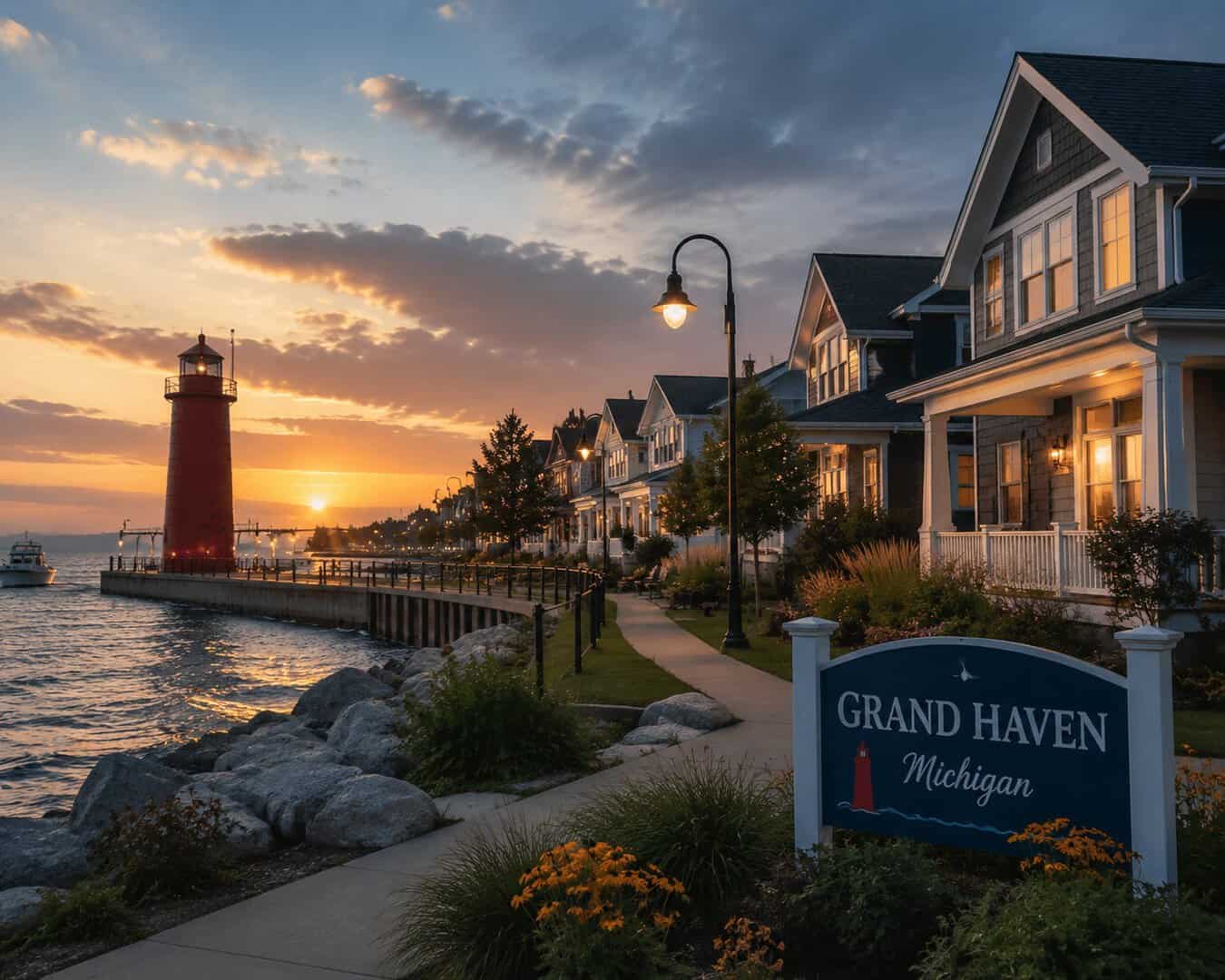 Lakeside homes and lighthouse in Grand Haven, Michigan at sunset. Scenic waterfront neighborhood wit.
