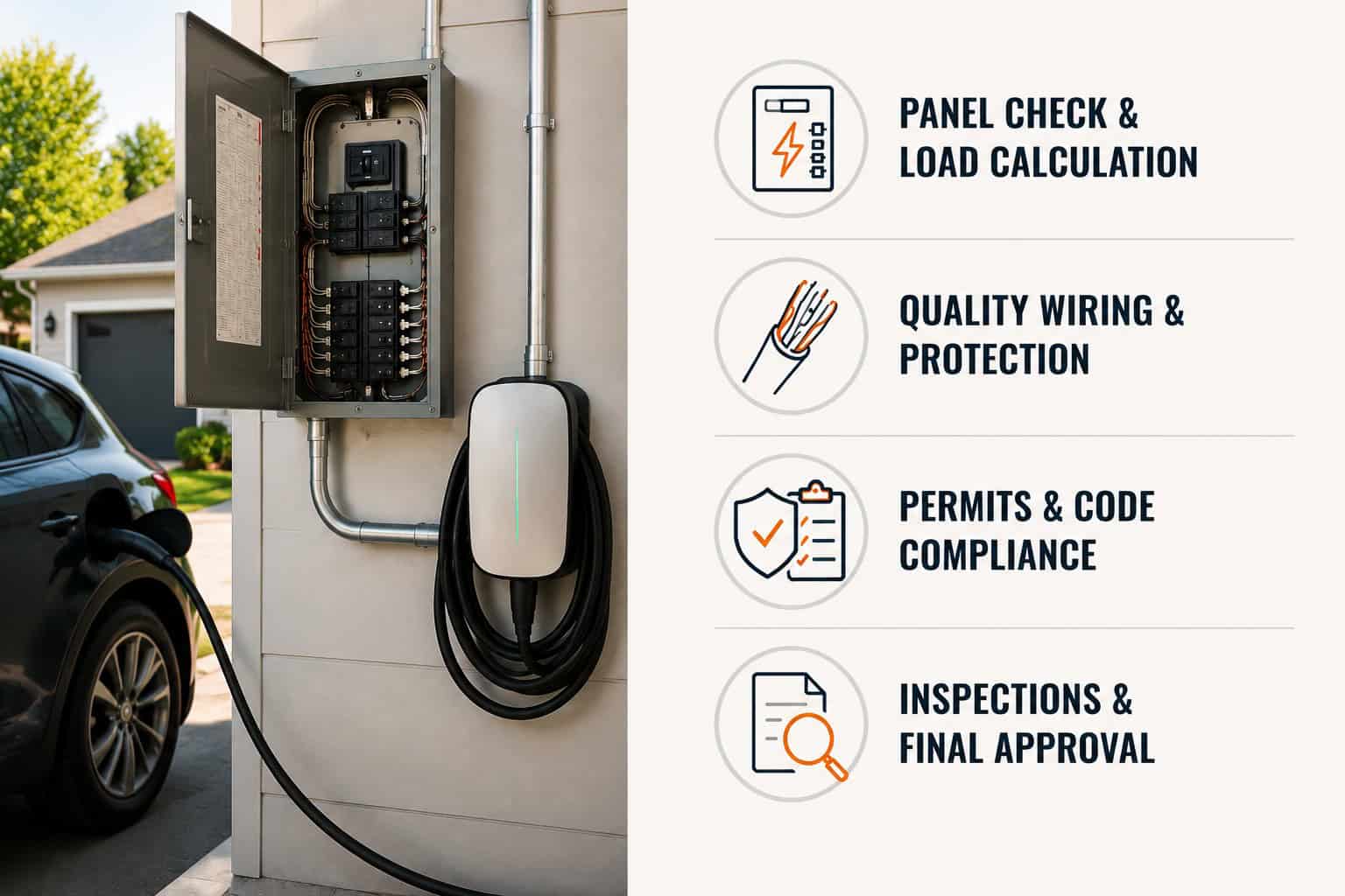 Electrical panel and EV charger setup for safe and efficient energy management.