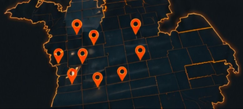 Map showing multiple location pins for website renaming services.