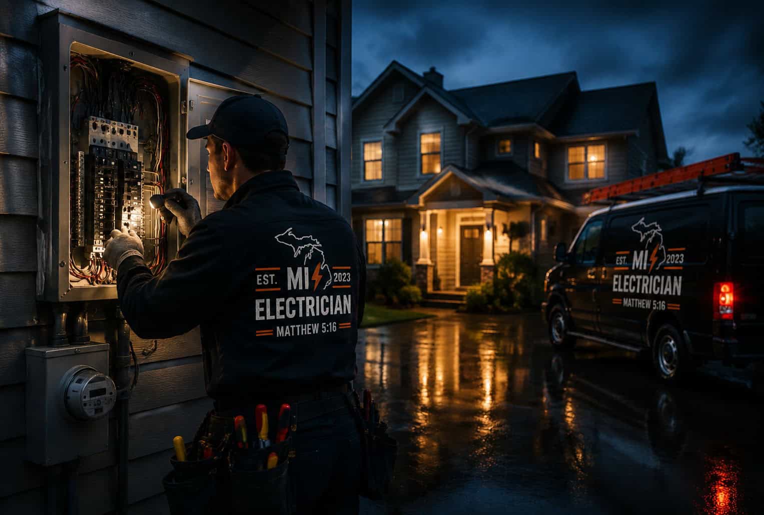 Electrician performing electrical work outdoors at night in a residential neighborhood.