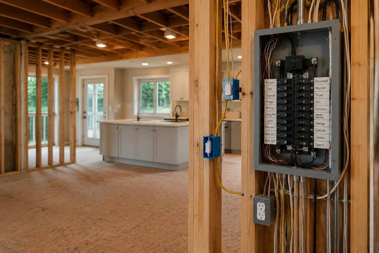 Electrical panel in a newly renovated kitchen construction site.