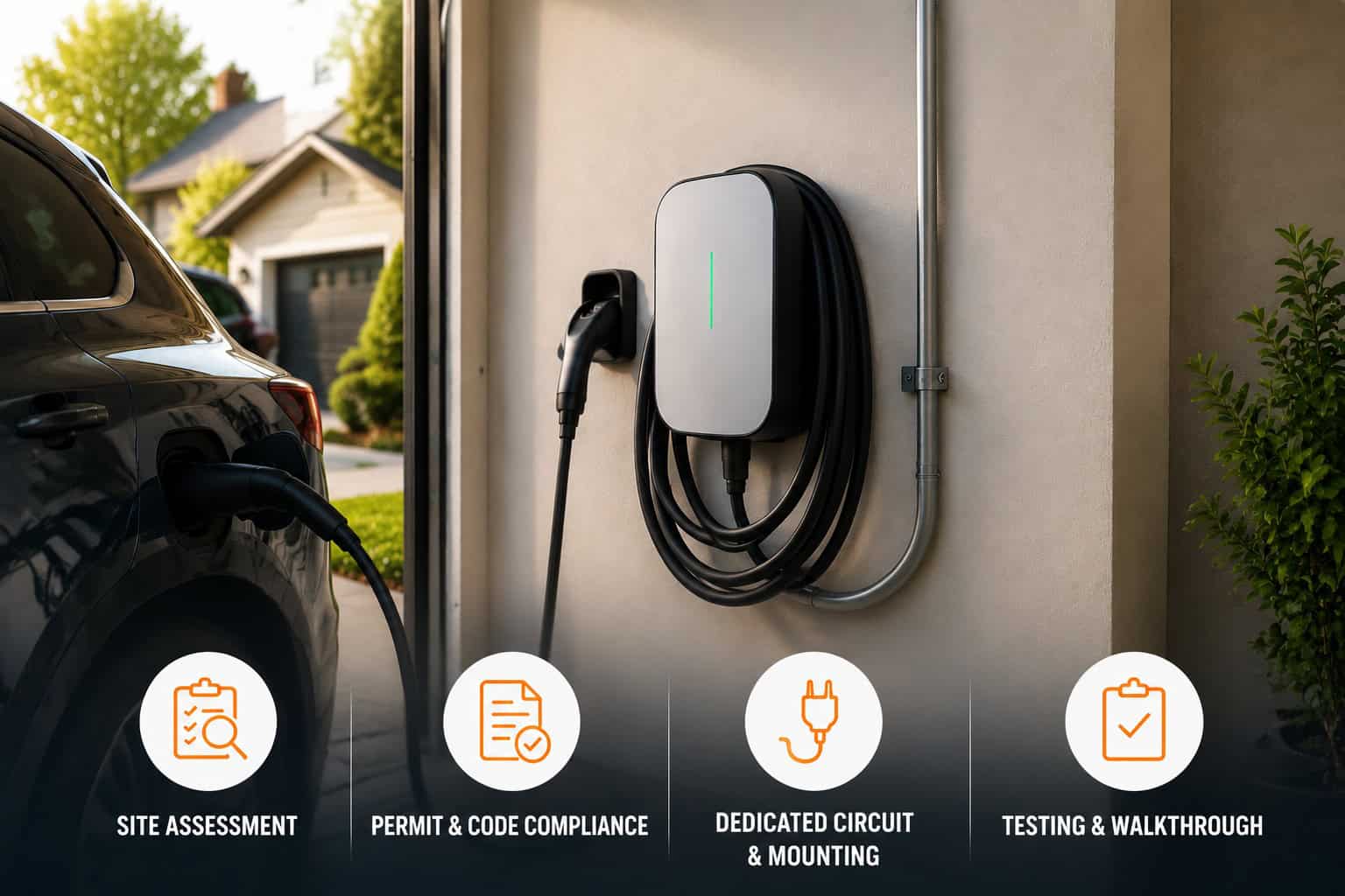 EV charging station mounted on wall with car charging cable connected.