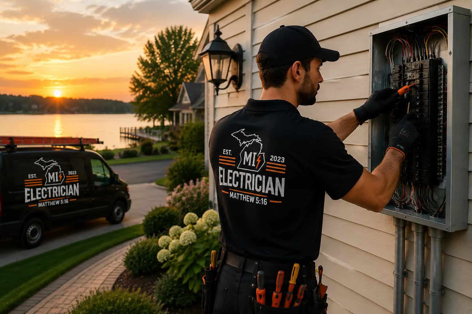 Electrical technician performing outdoor electrical work at sunset.