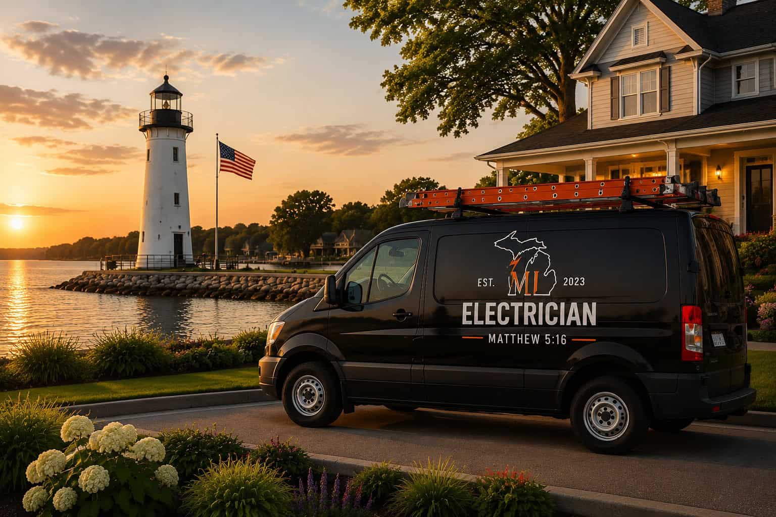 Electrician service van parked near lighthouse at sunset, professional electrical solutions.