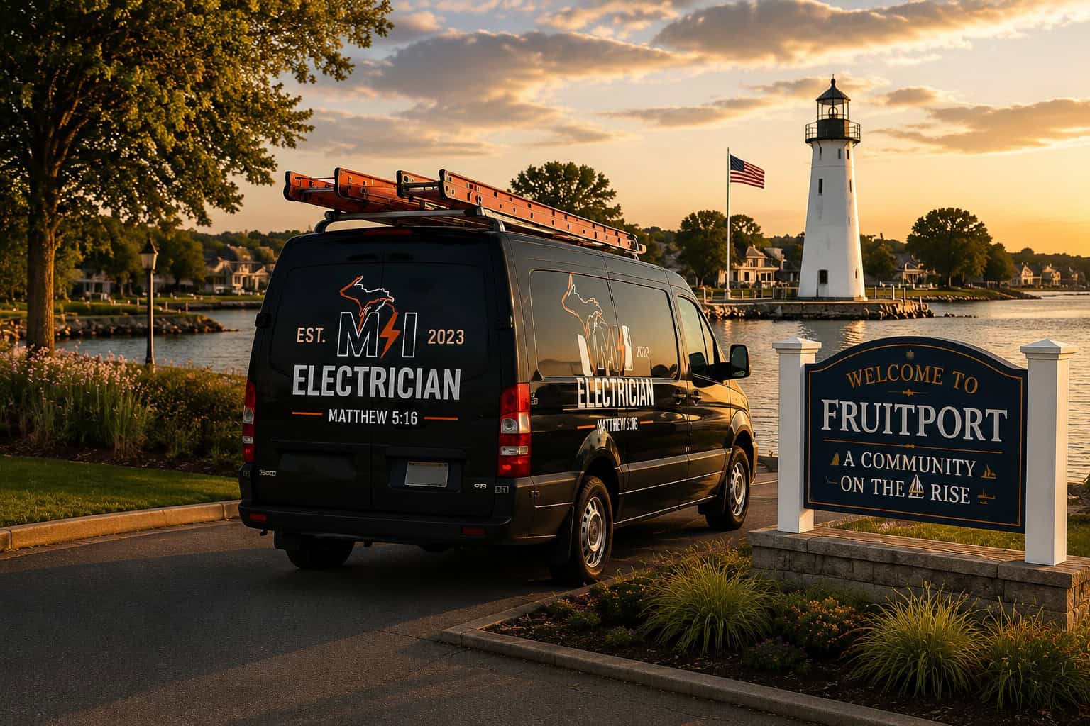 Electrician service van parked near Fruitport sign at sunset, promoting electrical solutions in Mich.
