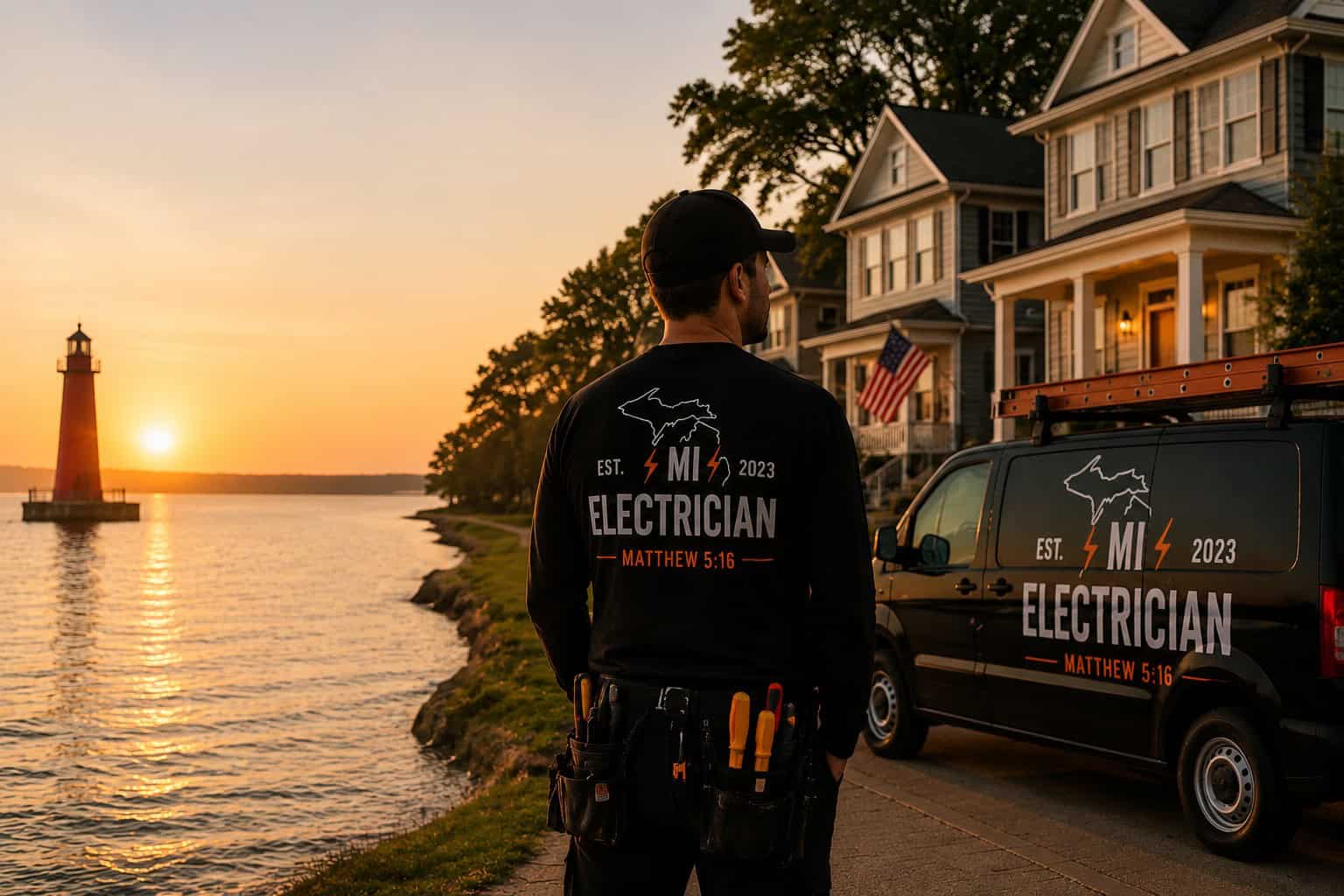 Electrician working near a house with a service van at sunset.