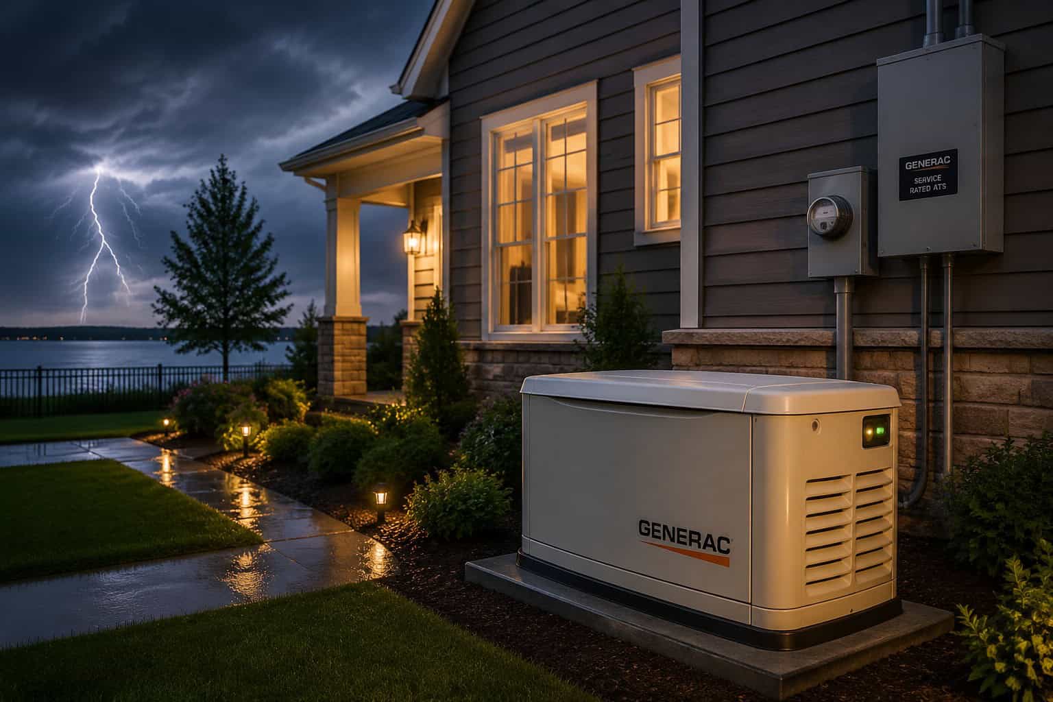 Generac home generator installed outdoors during stormy night with lightning in the background.