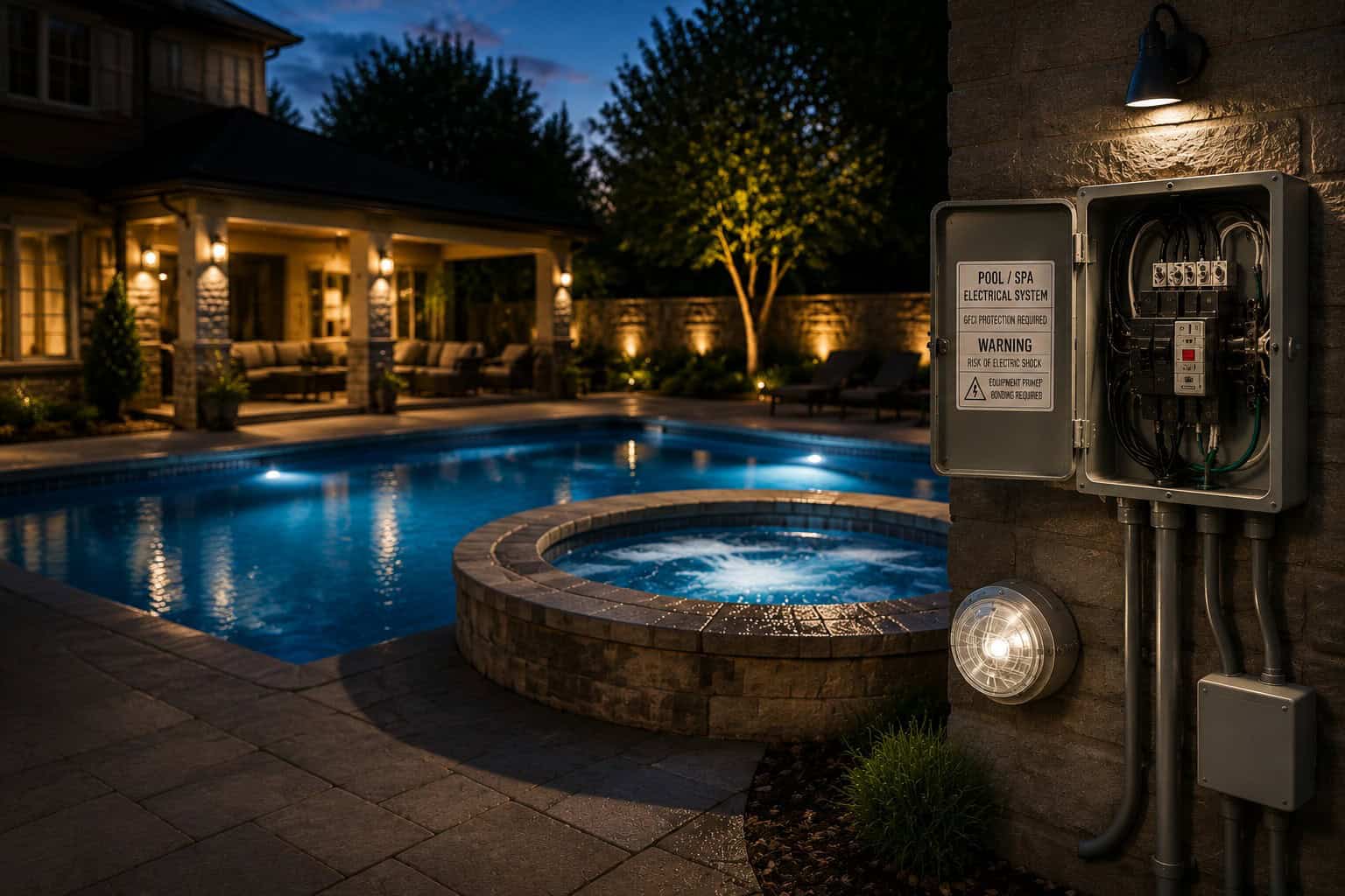 Outdoor pool and hot tub illuminated for relaxing evening swim.