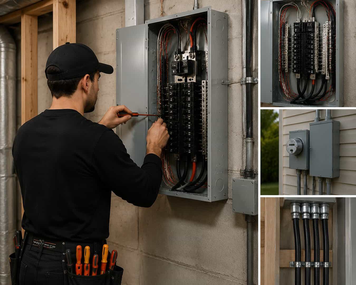Electrical technician inspecting and repairing electrical panel wiring.