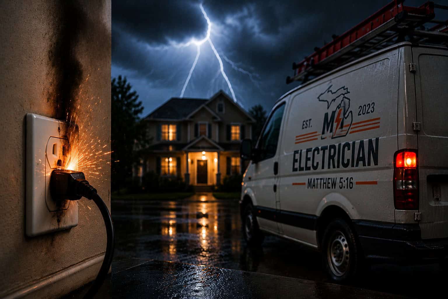 Lightning strikes during storm with power outage and electrician van nearby.