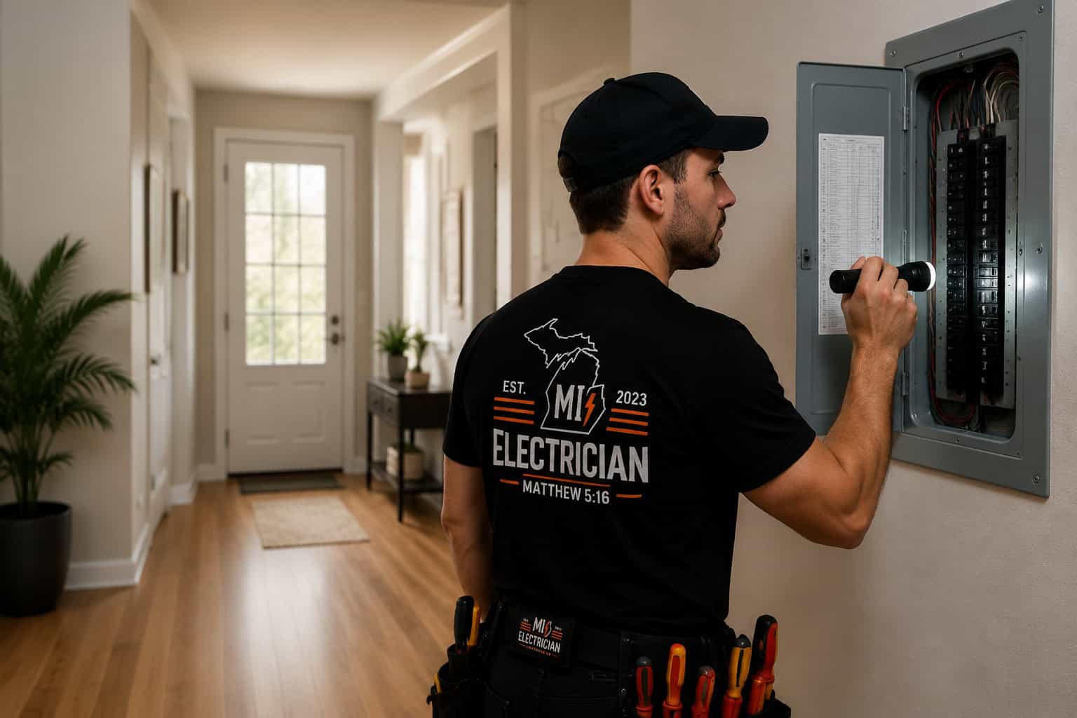 Electrician inspecting electrical panel in a residential home.