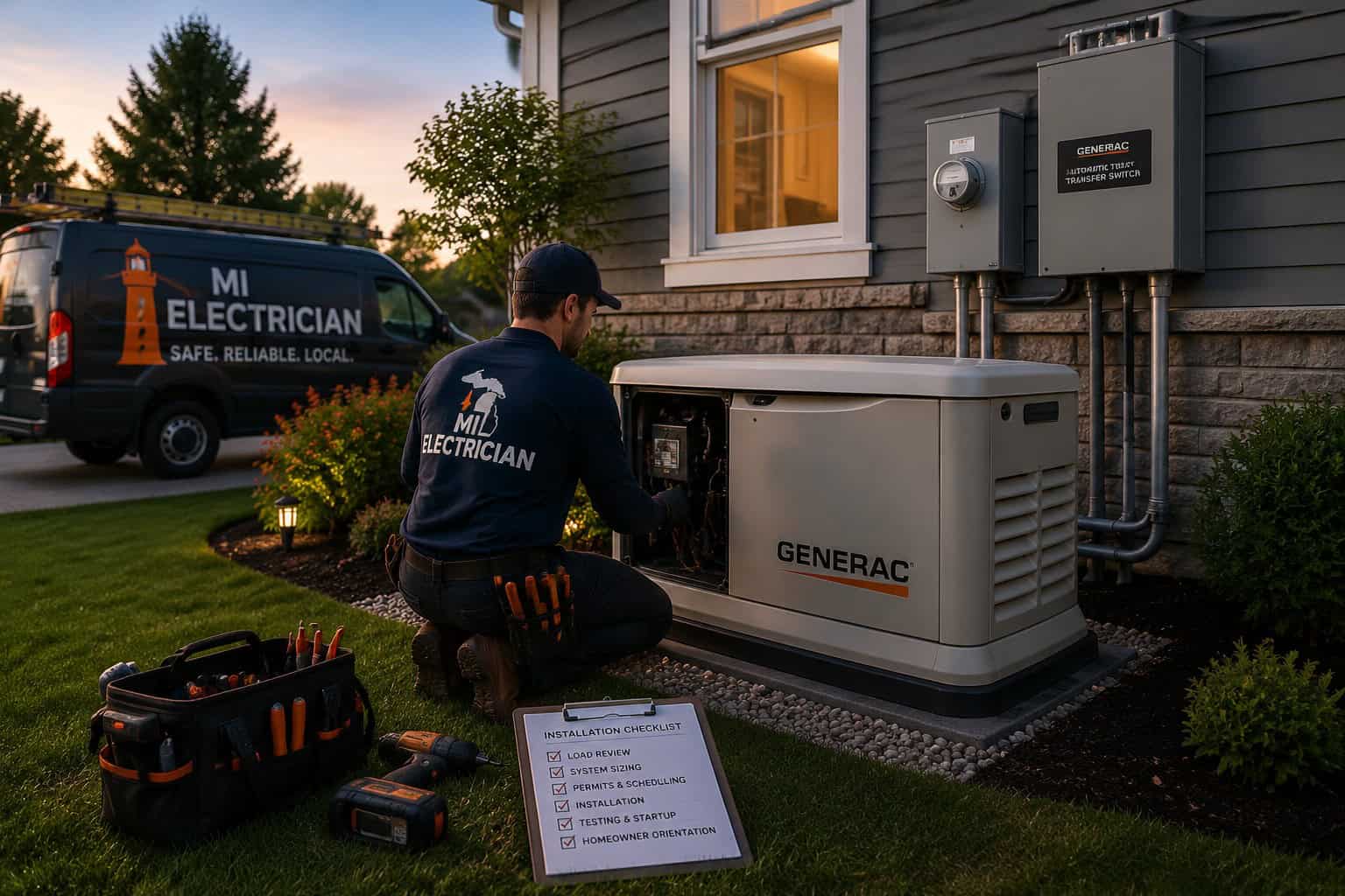 Electrician working on Generac generator installation outside residential home.