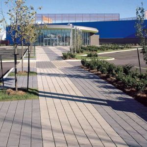 Modern building entrance with paved walkway and landscaping.