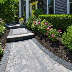 Elegant Hollandstone pathway leading to a modern house entrance.