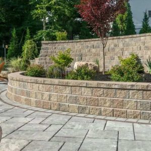Beautiful landscaped garden with stone retaining wall and vibrant foliage.