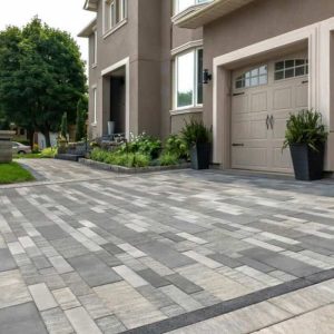 Driveway with modern paver design for a residential home.