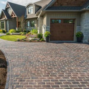 House with brick driveway and landscaped garden.