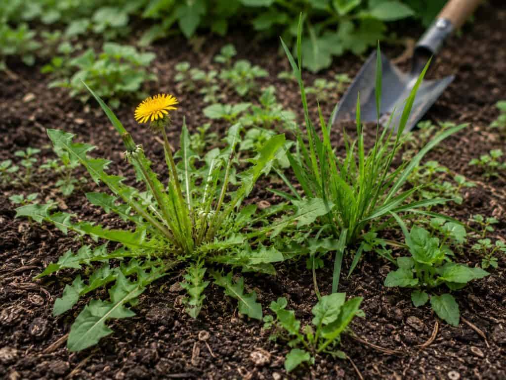 Dandelion and grass growing in garden bed with soil and gardening tools.