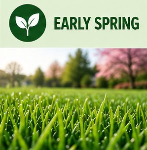 Close-up of lush green grass with early spring weeds in a garden.