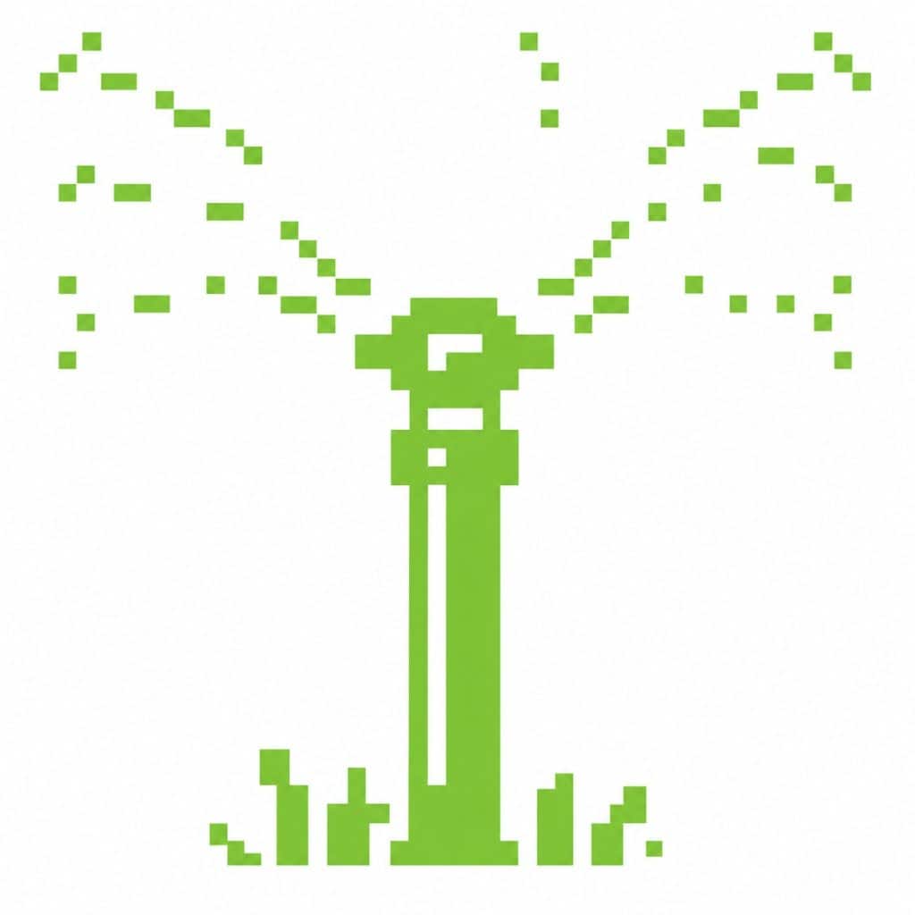 Pixelated image of a sprinkler head with water spray, related to irrigation services.