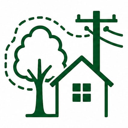 Eco-friendly house icon with a tree and power line, emphasizing sustainable living and renewable ene.
