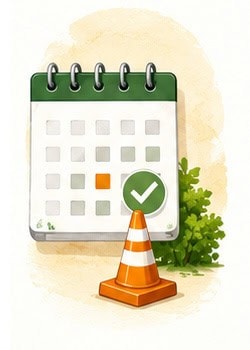 Calendar icon with checkmark and traffic cone, symbolizing website renaming process.