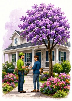 House with vibrant purple flowering tree and two people chatting outside.