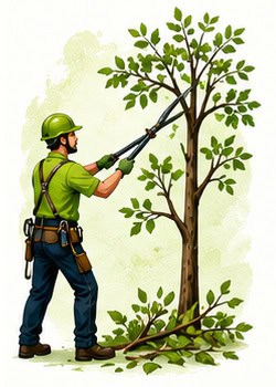 Arborist pruning a healthy tree with pruning shears in a lush green environment.