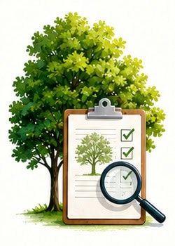 Healthy tree with checklist and magnifying glass for inspection.