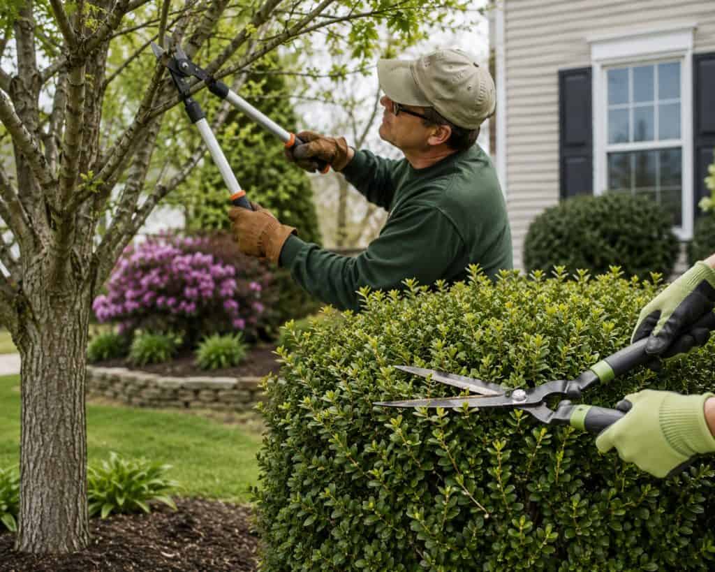 Man pruning a tree with hedge trimmers in a landscaped yard.