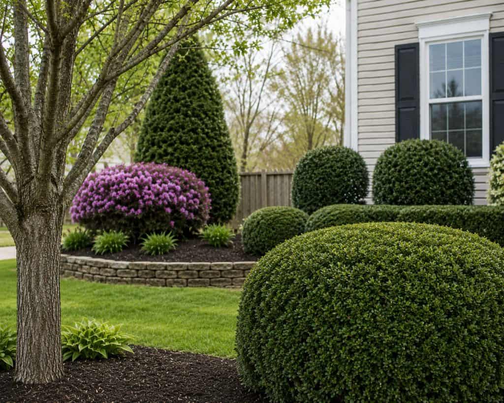 Beautifully maintained shrubs and trees in a residential yard.
