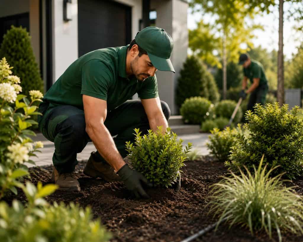Landscaping worker planting shrub in garden for curb appeal.