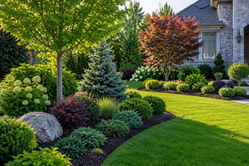 Lush landscape with trees, shrubs, and a well-maintained lawn.