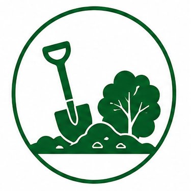 Eco-friendly gardening icon with a shovel, tree, and soil illustration.