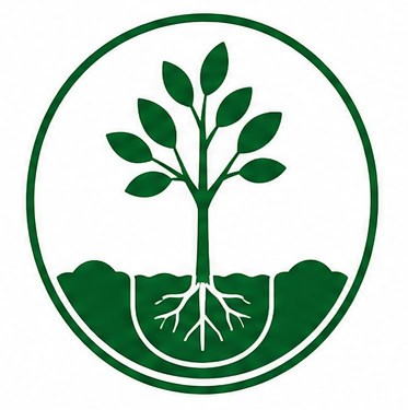 Eco-friendly tree logo with roots and leaves, symbolizing sustainability and growth.