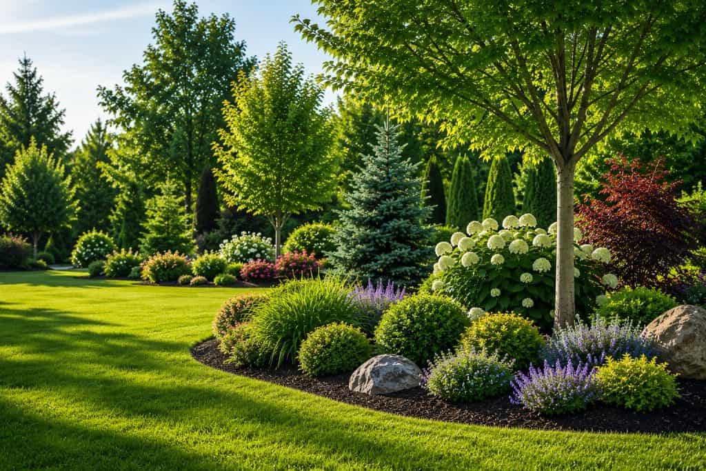 Lush landscape with trees, shrubs, and flowering plants in a garden setting.