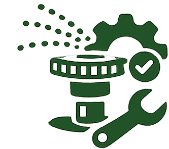 Illustration of website renaming process with gears, checkmark, and tools on green background.
