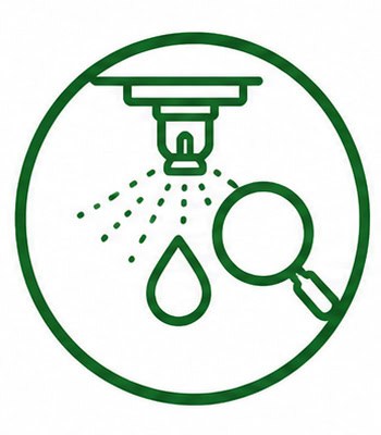 Water leak detection icon with faucet, droplet, and magnifying glass in green.