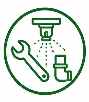 Repair and maintenance tools illustration with wrench, pipe, and spray nozzle.