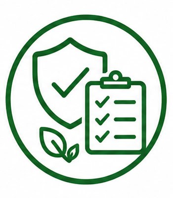 Security shield with checklist and leaf symbol representing safety and compliance.
