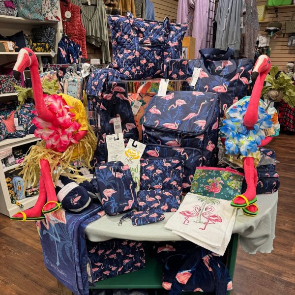 Blue and pink flamingo bags, pouches, and purses