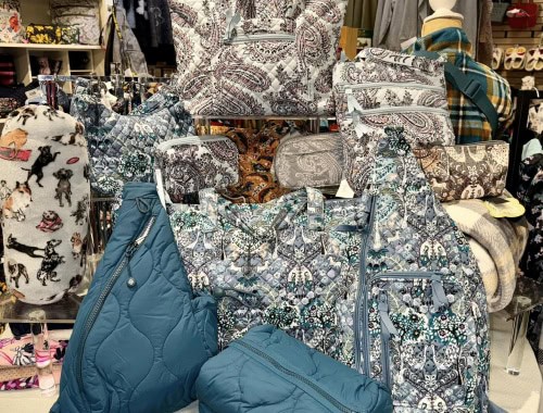 Collection of patterned bags, pouches, and accessories in a retail store display.