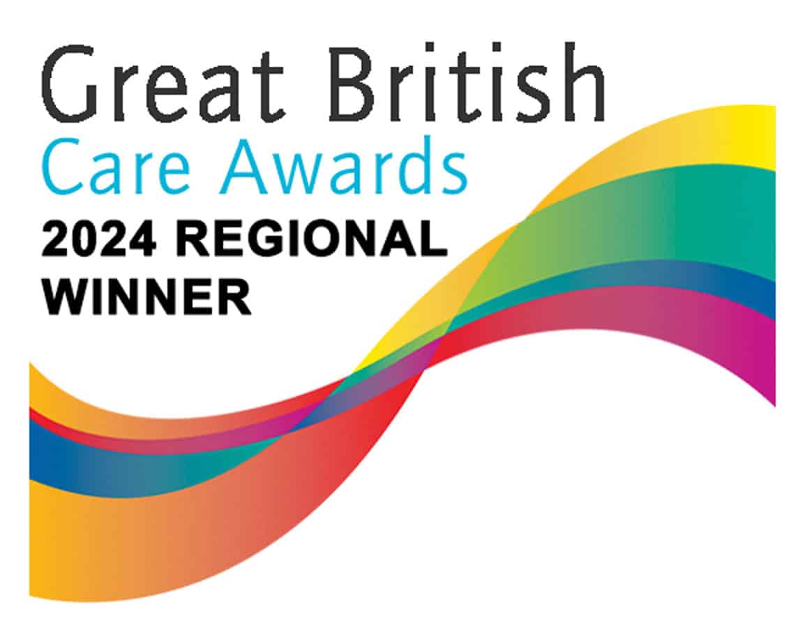 Logo for the Great British Care Awards featuring colorful overlapping waves and the text: "Great British Care Awards, 2024 Regional Winner.